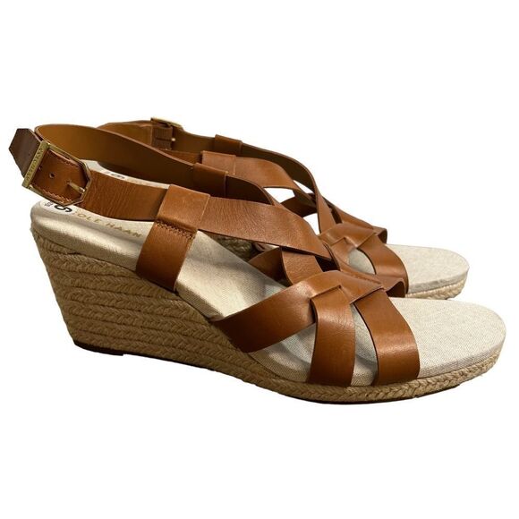 Cole Haan Crystal Espadrille Wedge Sandals Womens 9M Honey Brown Leather Shoes - Picture 1 of 6